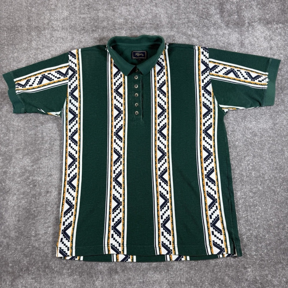 Roper Polo Shirt Men's Large Green Aztec Striped Short Sleeve Western Cowboy